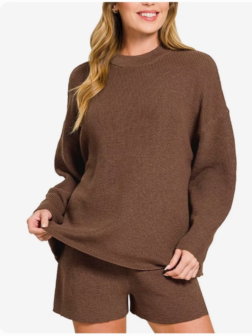 Zenana Cozy Brown Knit Crewneck Sweater & Shorts Set 2 pieces NWT